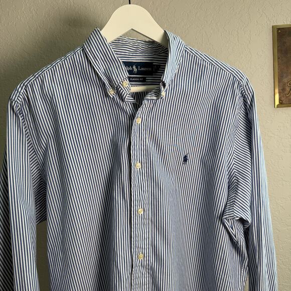 Men's Ralph Lauren Classic Fit Blue Stripe Long Sleeve Button Down Size 16 34/25 - Picture 4 of 6